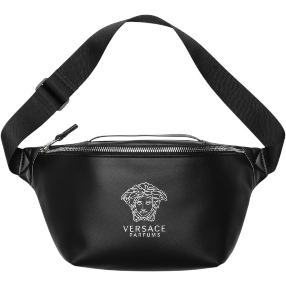 Versace Parfums Black Belt Bag Medusa Logo Waist Pack Adjustable Strap Dust Bag